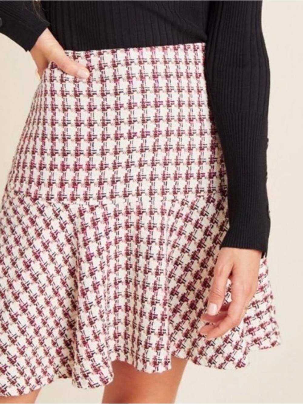 Maeve Anthropologie Tweed Flared Mini Skirt Size 2 Houndstooth Pink Cream